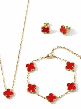 Red Clover Motif Gold-Tone Necklace, Bracelet & Earring Set